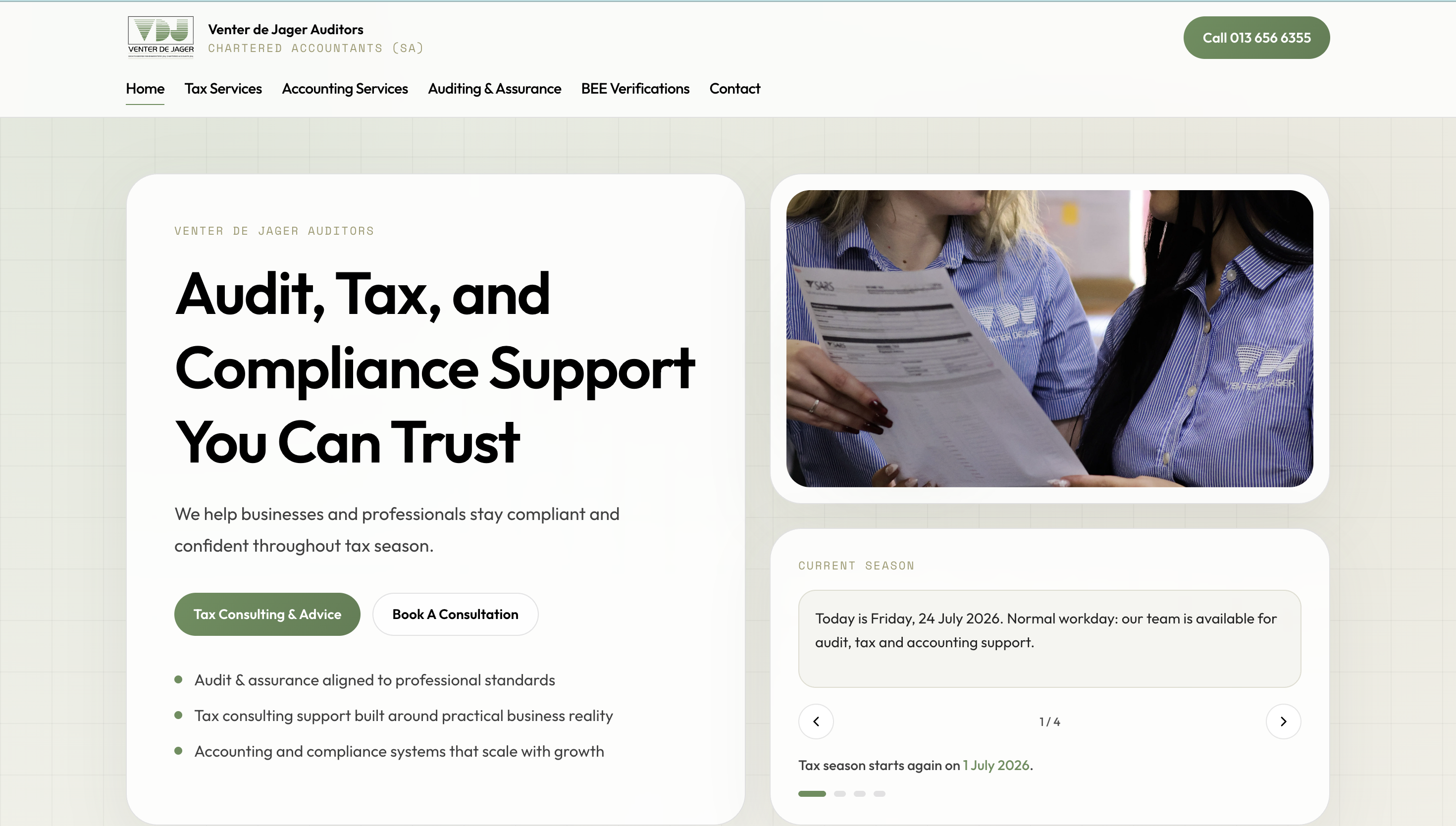 Venter de Jager Auditors website homepage screenshot